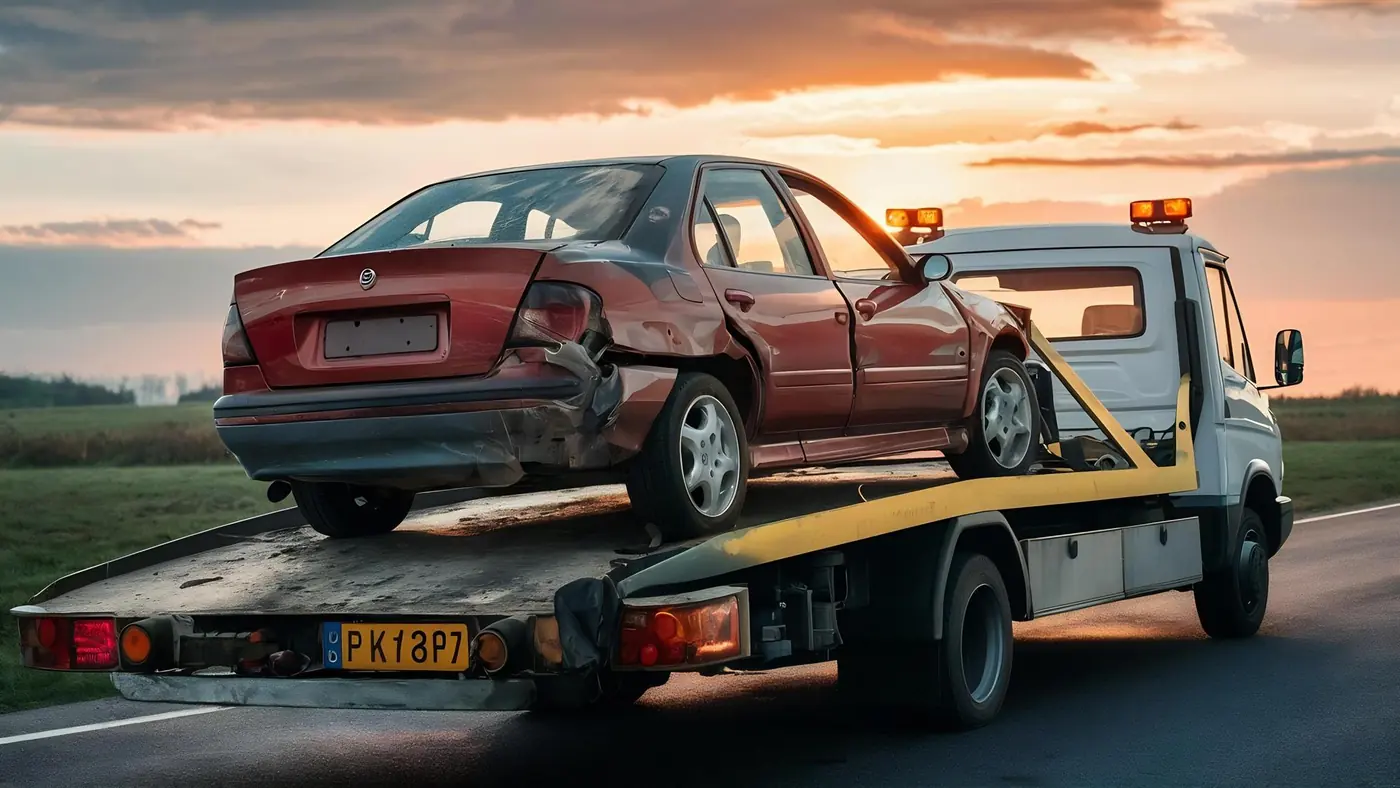 Kayar kasa çekici üzerinde taşınan hasarlı bir otomobil, gün batımında yol kenarında.